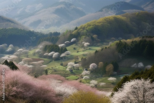 Spring at Yoshino Mountain's Thousand Cherry Trees (Yoshino, Yoshino District, Nara Prefecture). Generative AI photo