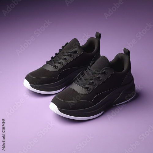 black running sneaker mockup on purple background, men's sport footwear