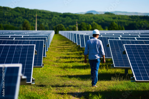 Young engineer walking in between of photovoltaic panels in solar power plant
