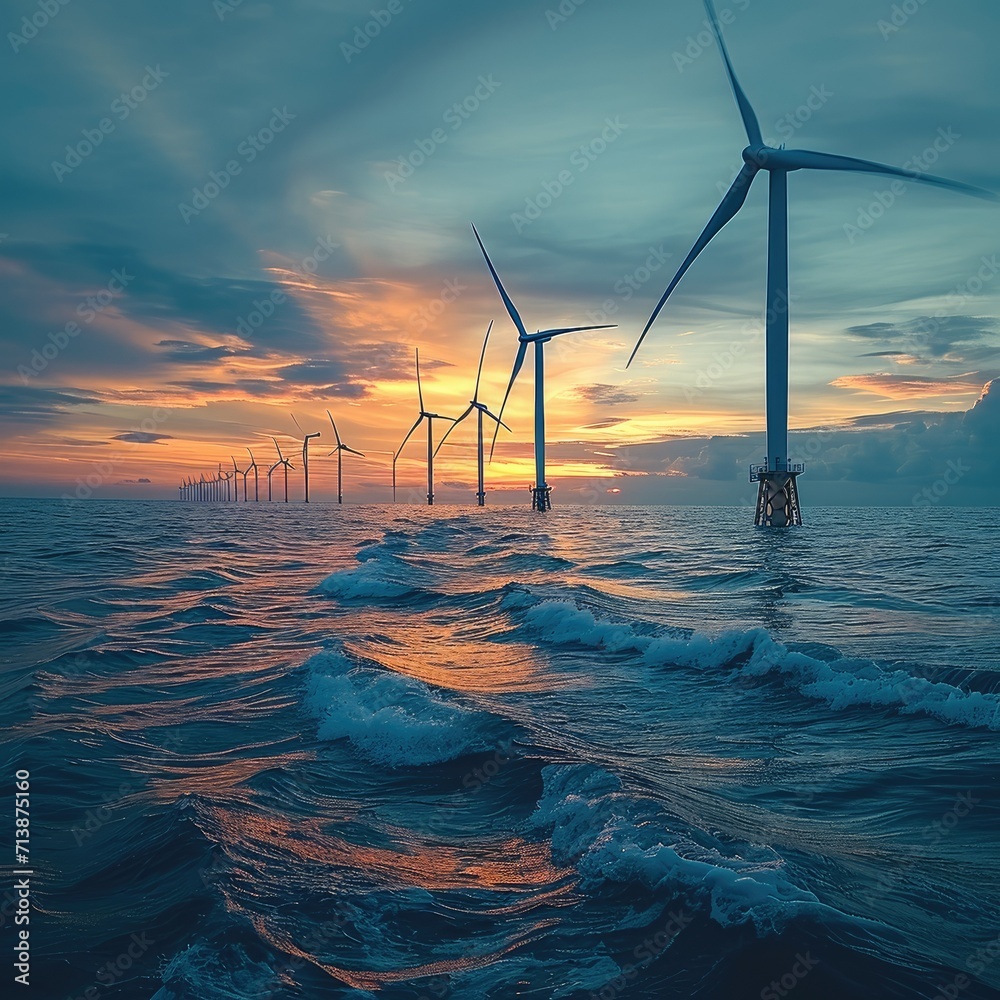 An offshore wind farm with turbines in the ocean, Gentle waves at the ...