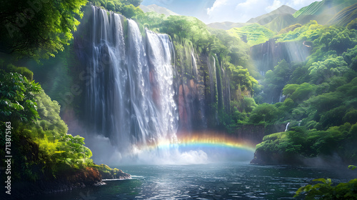 Majestic Waterfall  Lush Greenery and Vibrant Rainbows