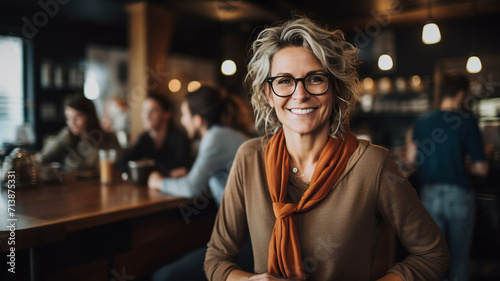A middle-aged woman smiles in a cafe