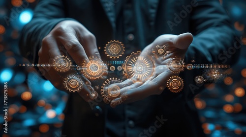 Businessman hand touching gears made with lights. Generative AI. © visoot