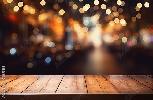 Christmas Lights on Wooden Table with Bokeh City Glow background.