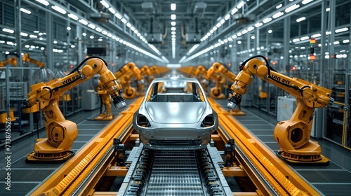 Automated Robot Arm Assembly Line Manufacturing High-Tech Electric Vehicles, Car Factory Digitalization Industry. Generative AI.