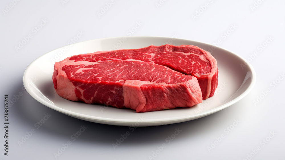 Raw red beef meat on a flat ceramic plate. Raw red beef meat on a flat ceramic plate.