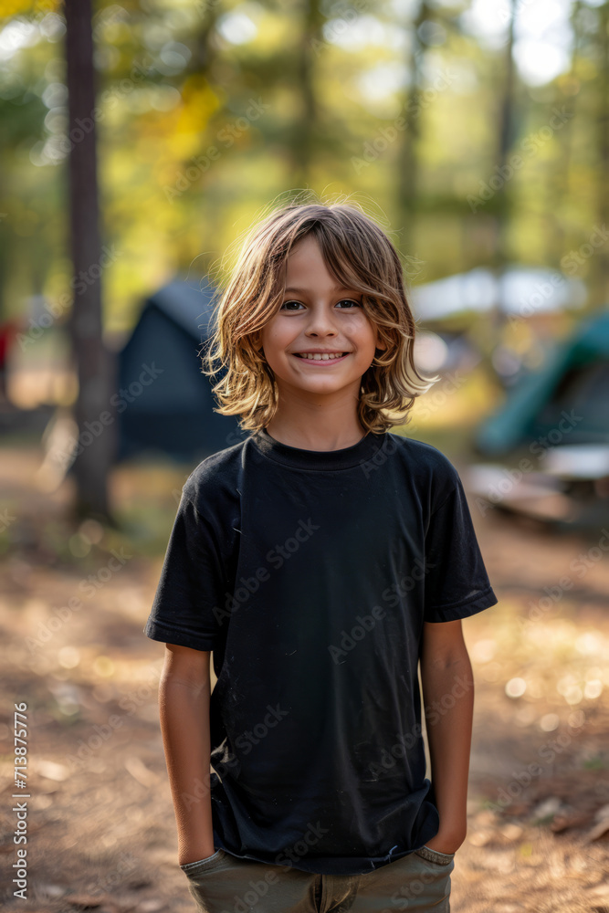 Caucasian boy kid in plain black blank t-shirt at camping with tents in background Caucasian boy kid in plain black blank t-shirt at camping with tents in background