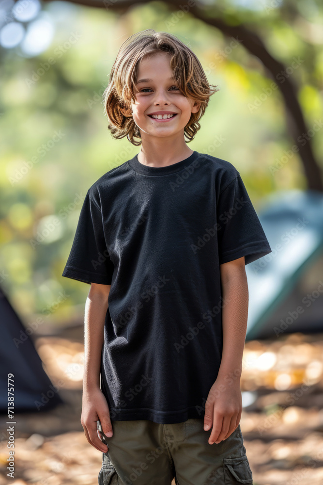 Caucasian boy kid in plain black blank t-shirt at camping with tents in background Caucasian boy kid in plain black blank t-shirt at camping with tents in background