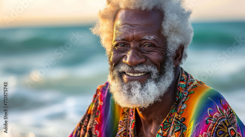 Fototapeta Naklejka Na Ścianę i Meble -  Portrait of a elderly black man with a very joyful expression, white hair and a full white beard, at a tropical beach wearing colorful clothes
