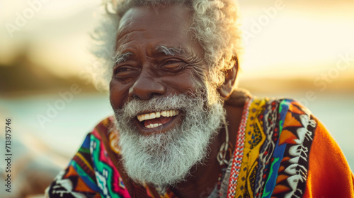 Portrait of a elderly black man with a very joyful expression, white hair and a full white beard, at a tropical beach wearing colorful clothes photo