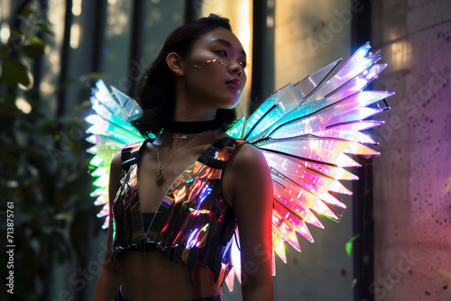 Futurist light fashion shot with model wearing electric wearables holographic emitting apparel