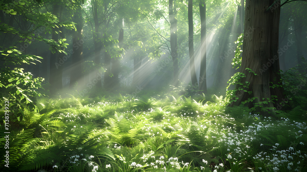 Verdant Woodland: Sunbeams and Lush Flora