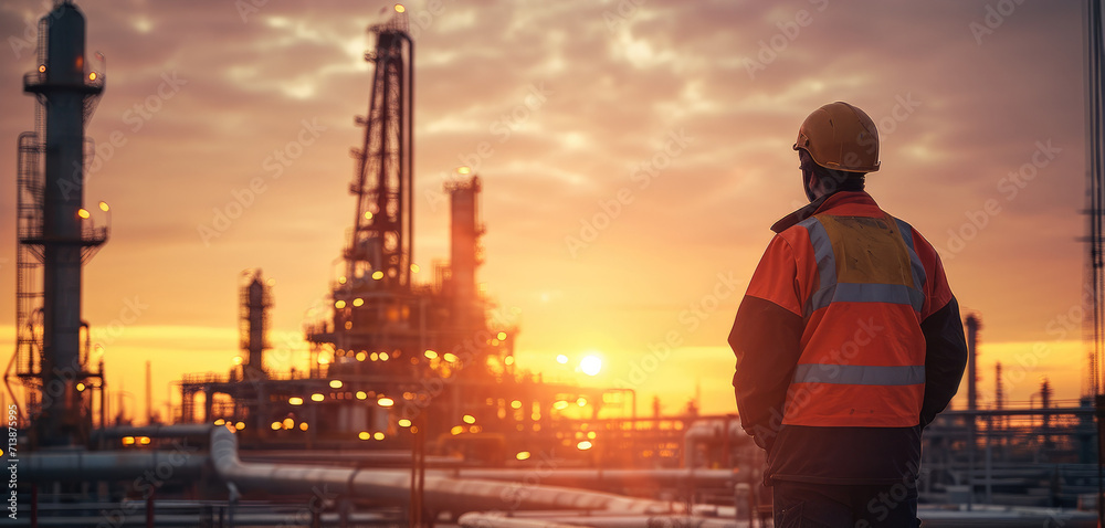 Worker exploration Oil field at sunset, Oil and gas industry. Generative AI. Worker exploration Oil field at sunset, Oil and gas industry. Generative AI.