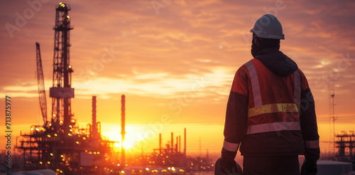 Worker exploration Oil field at sunset, Oil and gas industry. Generative AI.