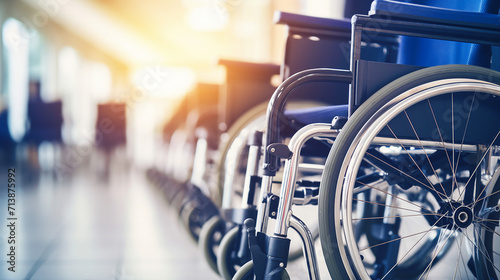 Inclusive Medical Spaces: Rows of Wheelchairs for Disability Patients – Hospital Services Panorama with Copy Space for Text or Promotional Content © Sunanta