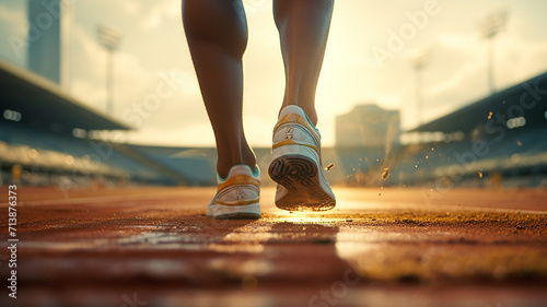 sportsman's feet running on stadium track