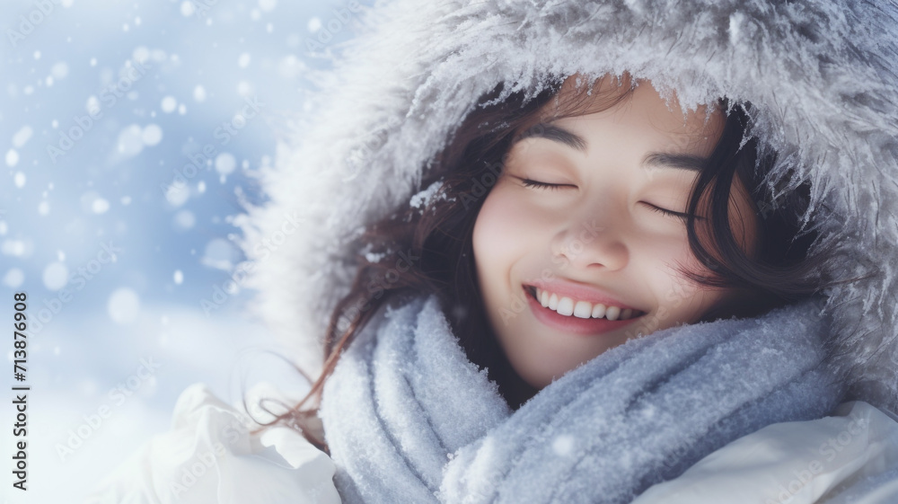 Happy woman smiling on a snowy day Happy woman smiling on a snowy day