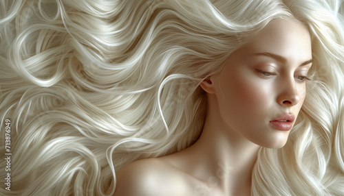 Portrait of woman with beautiful blond hair, waves. World Blonde Day