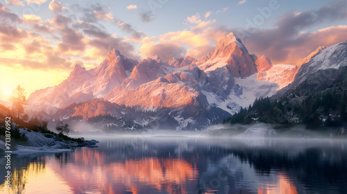Morning Glow: Mountain Range and Tranquil Lake © czphoto