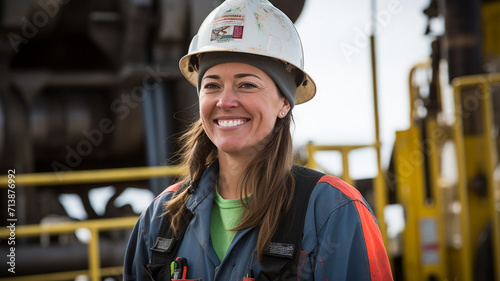 Smiling female engineer at front of oil rig.