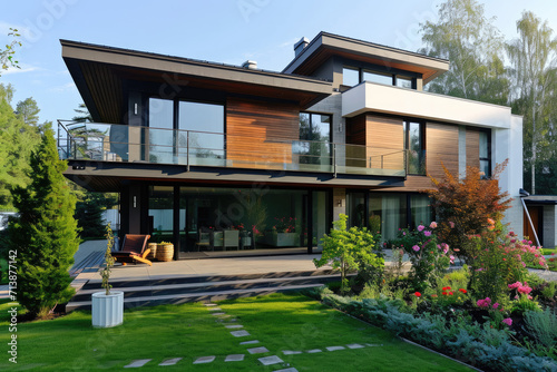 a modern minimalist house with a big flowers garden