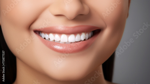 beautiful woman with beautiful smile on grey background. - Teeth whitening.