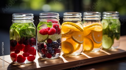 a row of jars filled with different types of fruit