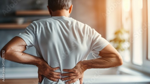 Office syndrome, Backache and Lower Back Pain Concept, A man touching his lower back at pain point, Lower back pain, Medical concept. Generative AI. photo
