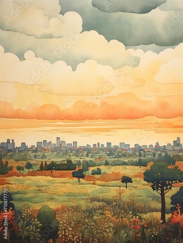 Handmade City Horizon Drawings: Urban Vintage Landscape Painting of Vibrant Handcrafted Field