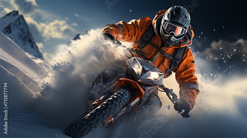 a man riding a motorcycle through a snow