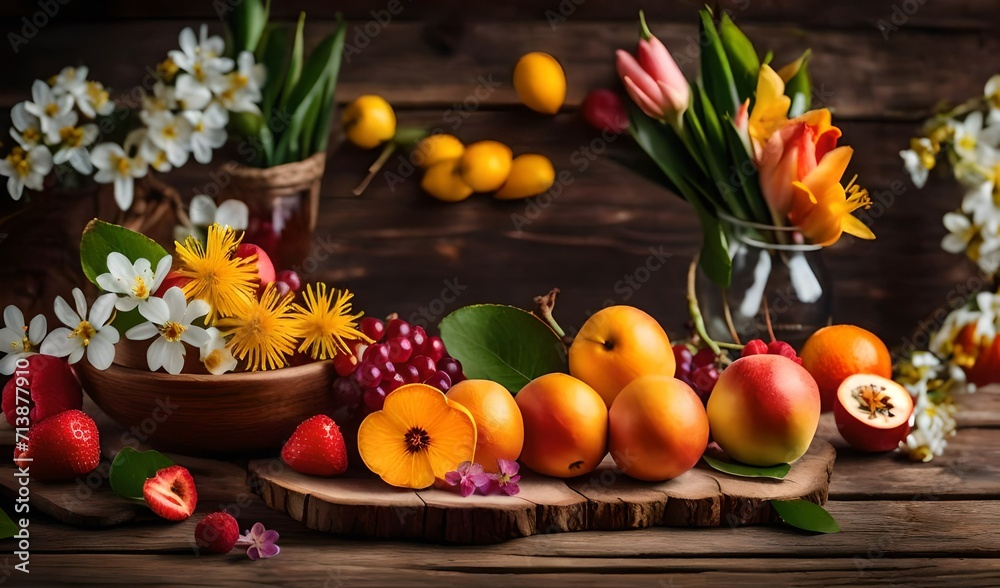 awakening background of flowers and fruits on wooden tale for kitchen space text ingredients