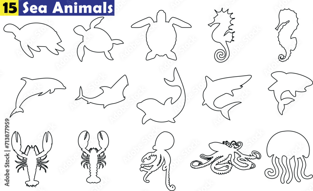 Sea Animals Vector, 15 Outlined Icons. Turtle, Seahorse, Dolphin, Shark, Octopus Illustrations. Perfect for Educational Materials, Children’s Books, Web Design Sea Animals Vector, 15 Outlined Icons. Turtle, Seahorse, Dolphin, Shark, Octopus Illustrations. Perfect for Educational Materials, Children’s Books, Web Design