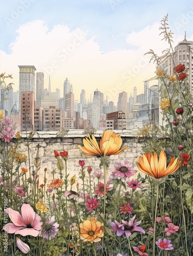 Handmade Wildflower Cityscape: Vintage Landscape Drawing with Skyscrapers