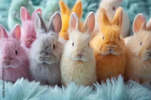 A million colorful fluffy bunnies from to the horizon pastel colors. Generative AI.
