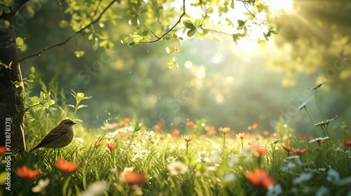 a field of flowers and trees with sunlight