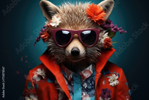 Raccoon with Floral Headdress and Pink Sunglasses