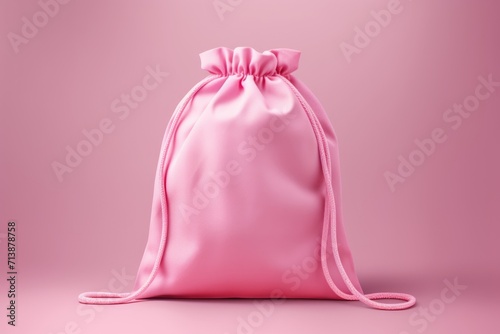 Pink drawstring bag mockup isolated on background. Small bag made of cotton fabric