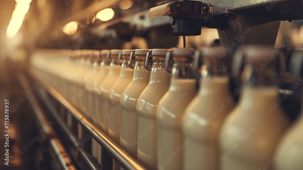 a row of milk bottles - obrazy, fototapety, plakaty 