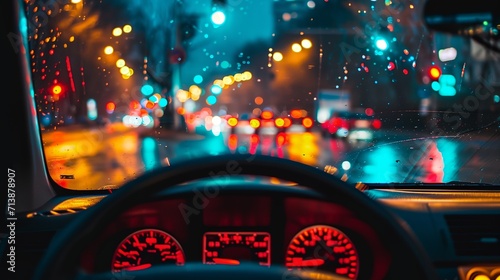 a car dashboard with a speedometer and a city street at night time