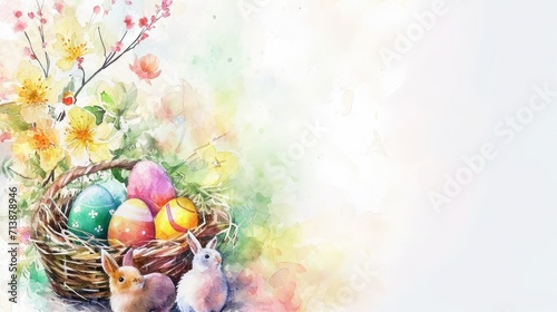 Watercolor of Easter eggs in a basket of flowers  a festive frame with greeting text for a greeting card  on white background  copy space.