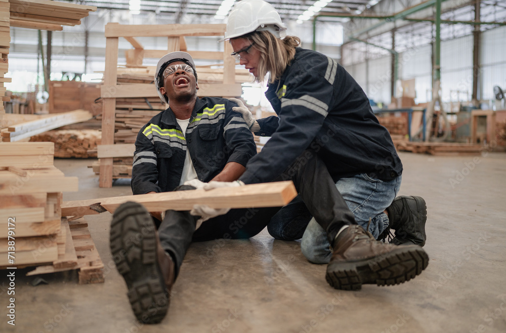Foreman injured from accident lying on floor crying with pain in warehouse. Female worker emergency help male colleague who falling down get physical injury in workplace. Risk, dangerous in workshop