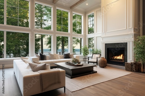 Beautiful living room interior with hardwood floors and fireplace in new luxury home. Large bank of windows hints at exterior view. Generative AI  © Vasudha