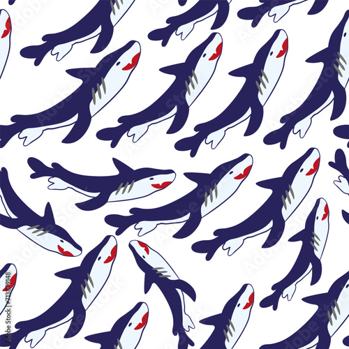 seamless pattern with flat cartoon shark in vector. predatory fish for prints and design.Template for design, print, background, packaging, book, wrapping paper, fabric