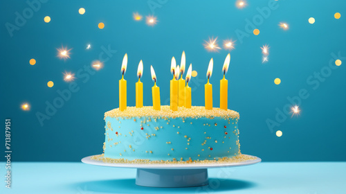 Vibrant Birthday Cake with Blue Frosting and Yellow Candles, Ready for a Joyful Celebration on a Festive Isolated Background with Copy Space for Your Text or Promotions!