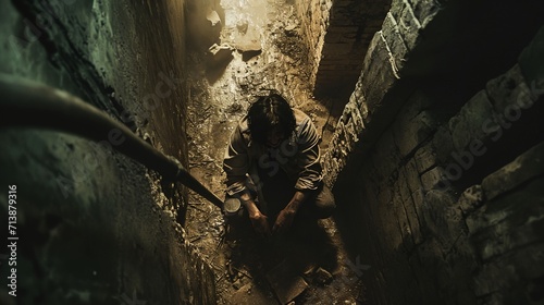 a man kneeling down in a narrow alley