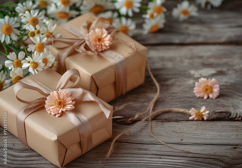 wrapped gifts with flowers on a wooden background wrapped gifts with flowers on a wooden background