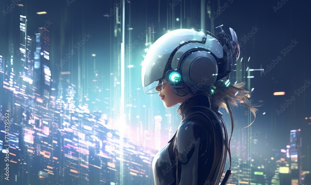 Woman wearing a futuristic helmet standing in a virtual world, digital art style, illustration painting, Generative AI  