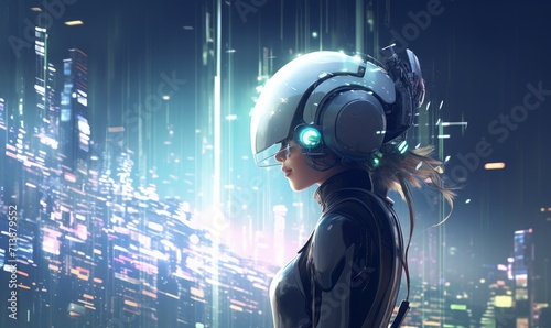 Woman wearing a futuristic helmet standing in a virtual world, digital art style, illustration painting, Generative AI 