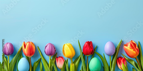 Colorful Easter eggs in a row with tulips on a blue background. Concept of Happy Easter