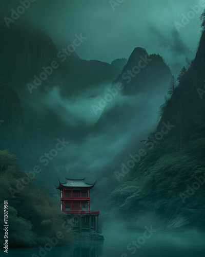 Shrouded Pagoda in the Misty Mountains Ai generated